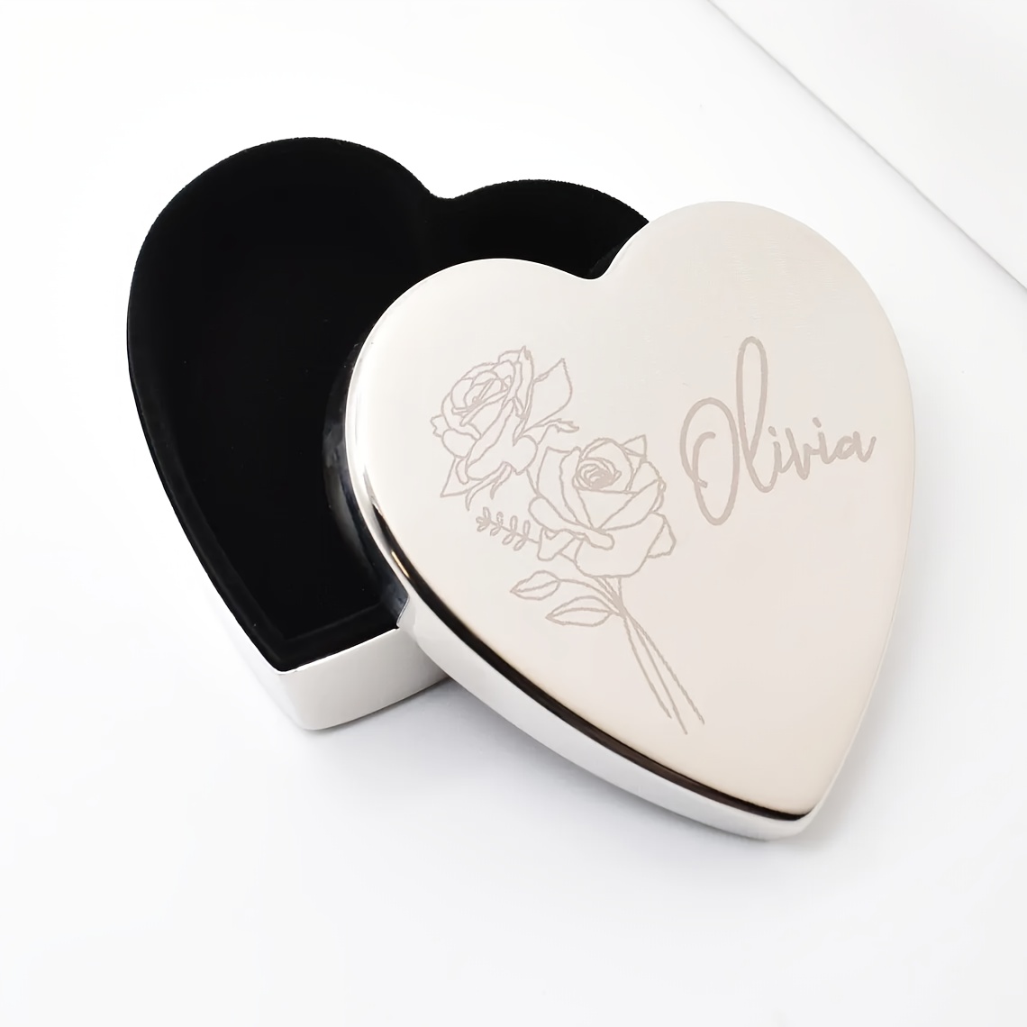 Personalized Beautiful Engraved Heart Jewelry Box with June Birthday Rose Pattern